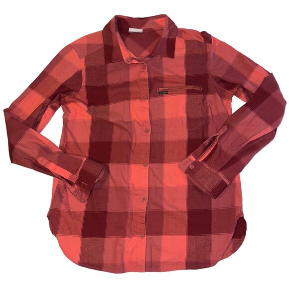 Columbia Pink Red Plaid Cotton Blend Long Sleeve Button Up Womens Large - Picture 1 of 6